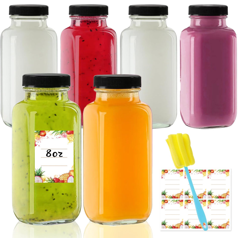 Yokodaza 8oz glass juice bottle with cap, ready for on-the-go hydration and freshness.