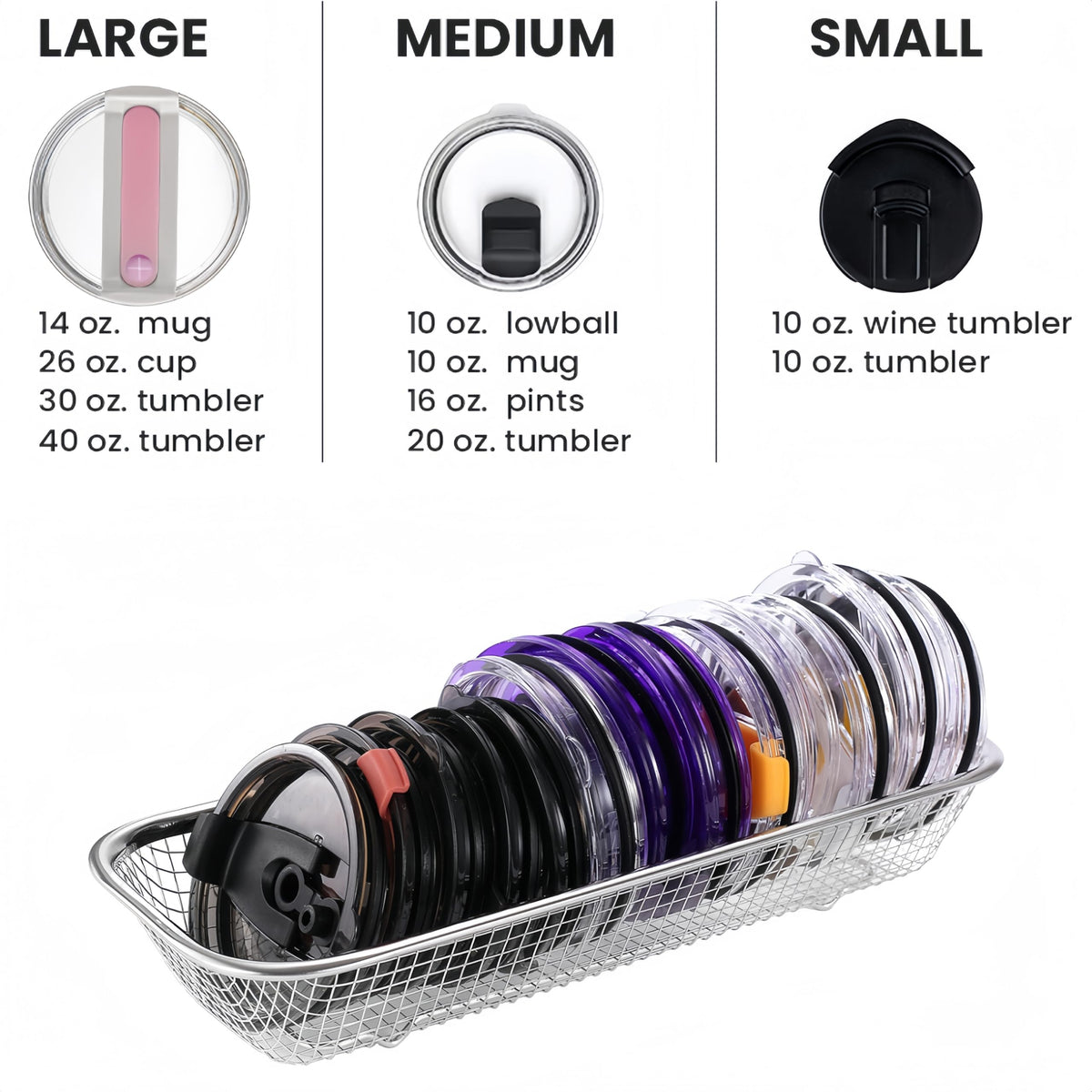 Yoku Made rectangular basket stores various lids, saving drawer space and reducing clutter.