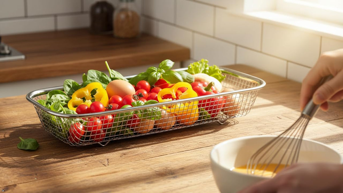 Yoku Made stainless steel mesh basket is durable and rust-resistant.