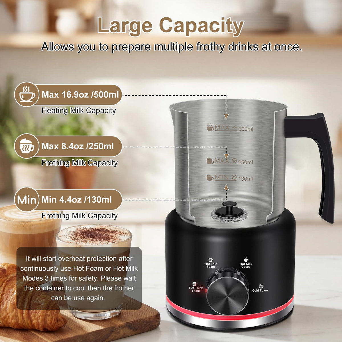 Detachable base of Yoldcew frother enables easy cleaning and dishwasher-safe maintenance.