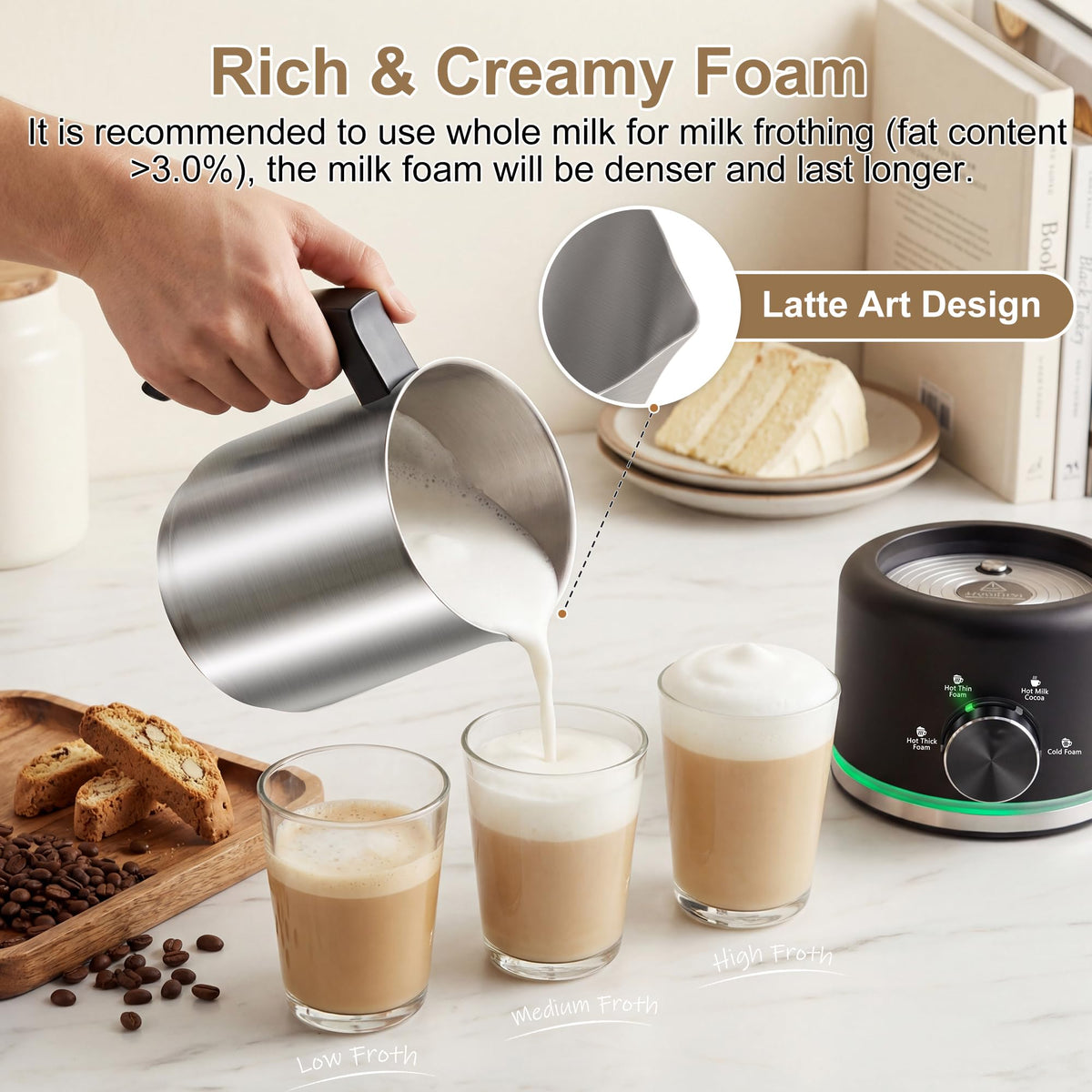 Stainless steel kettle on the Yoldcew frother emphasizes durability and stability.
