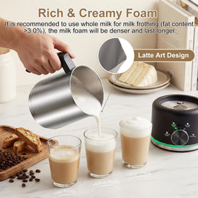 Stainless steel kettle on the Yoldcew frother emphasizes durability and stability.