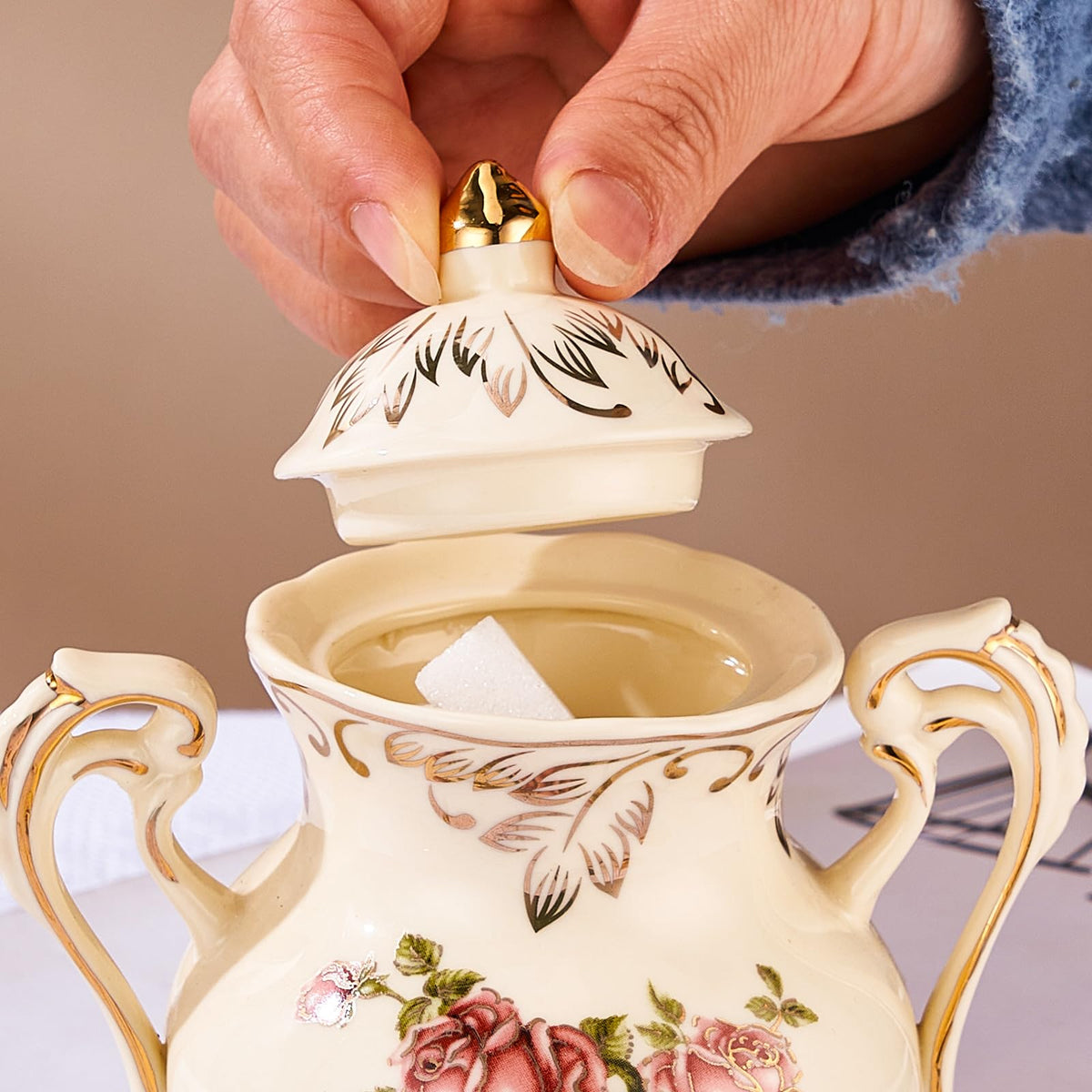 YOLIFE porcelain tea service on table with pink rose design