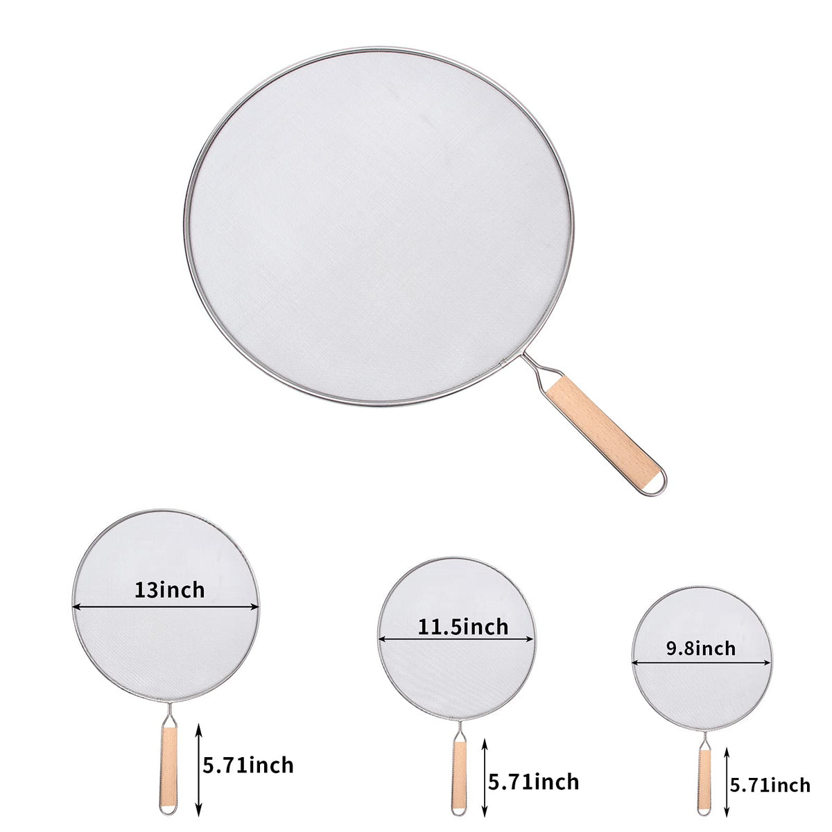 YOLOPLUS+ 10.8-inch wooden-handle splatter screen fitting wider pans for cleaner frying