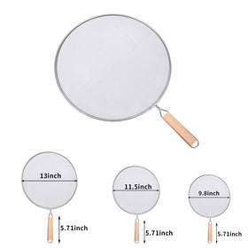 YOLOPLUS+ 10.8-inch wooden-handle splatter screen fitting wider pans for cleaner frying