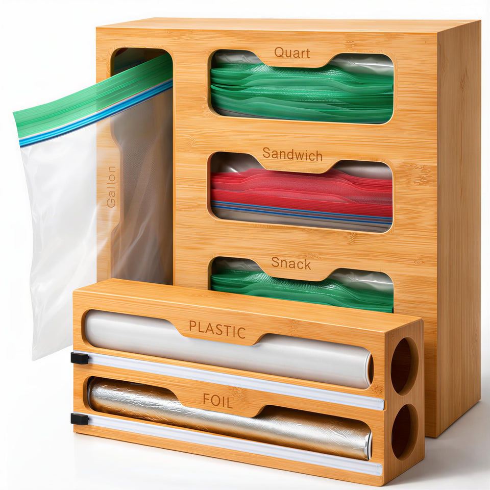 YOLYN 4-in-1 bamboo drawer organizer for bags and wraps, keeps essentials within reach