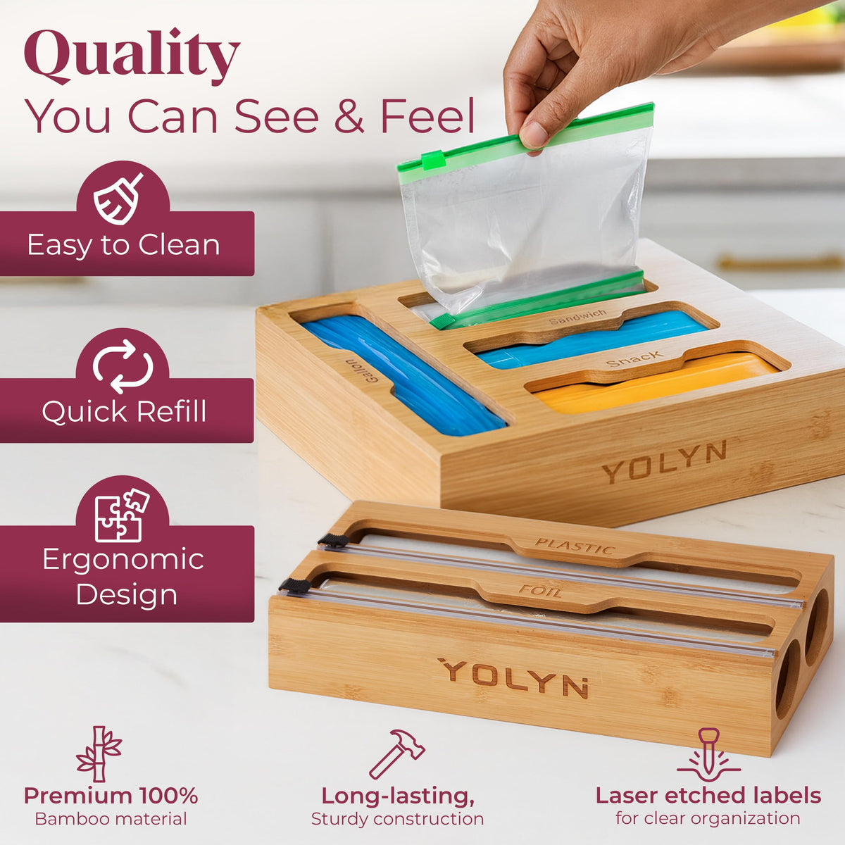 YOLYN bag organizer drawer for gallon and quart bags neatly stored