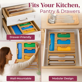 YOLYN bamboo foil dispenser keeps rolls tidy and accessible during meal prep