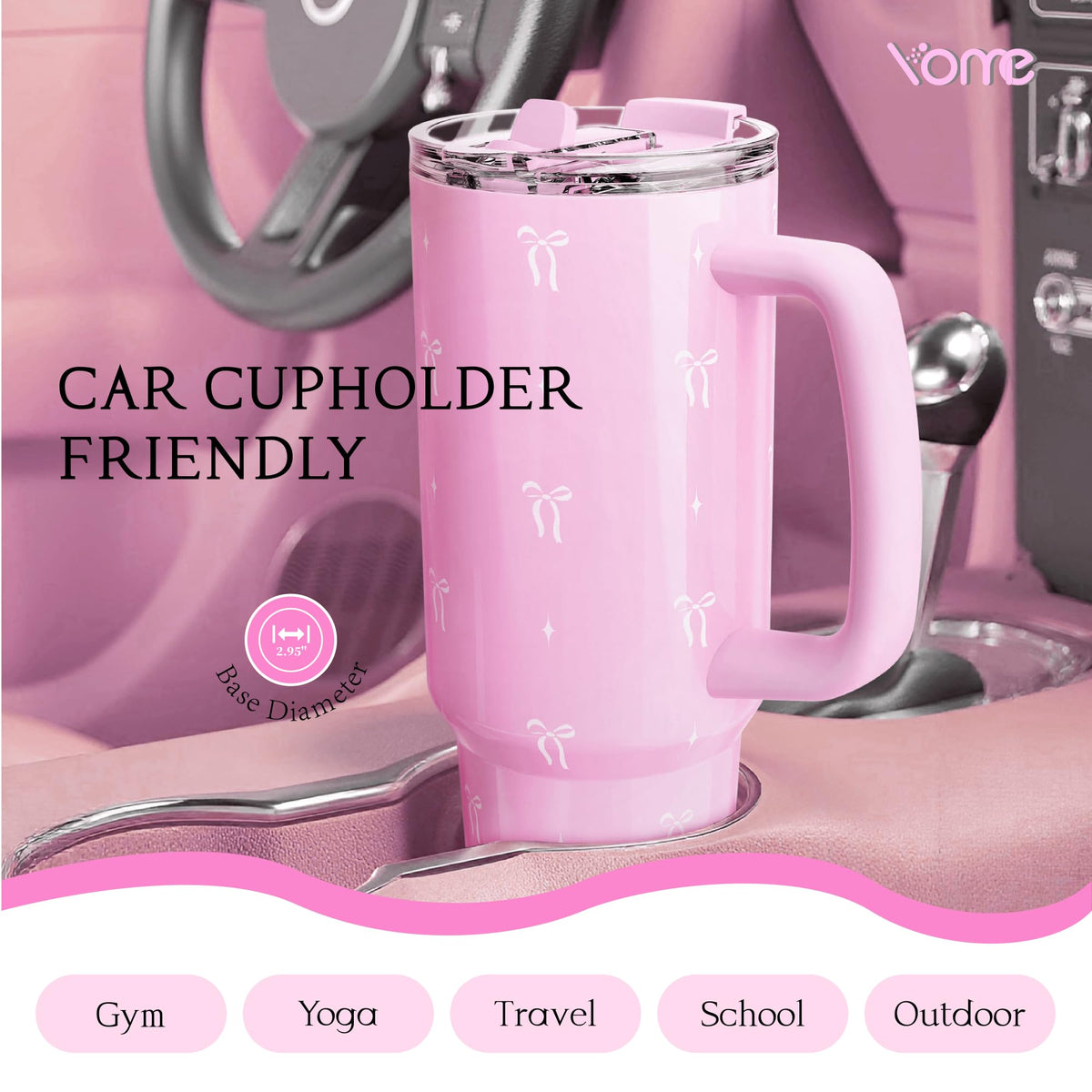 YOME Bow Pink tumbler with chug lid for fast post-workout refills