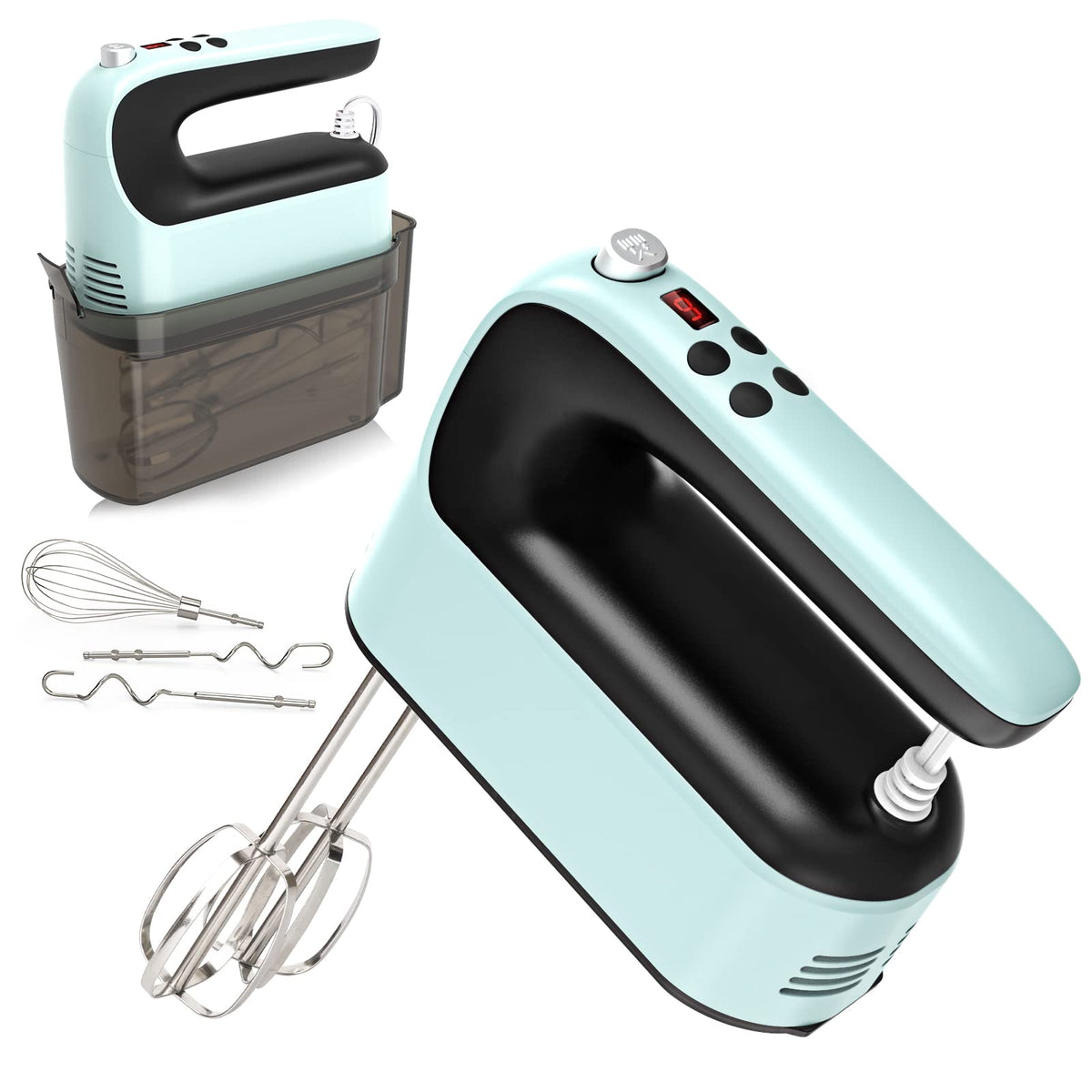 Yomelo 9-speed hand mixer in ice blue for precise blending and control.