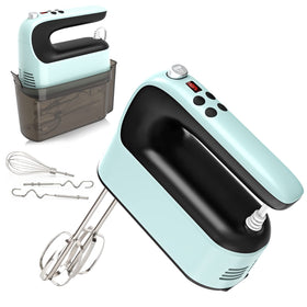 Yomelo 9-speed hand mixer in ice blue for precise blending and control.