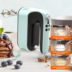 Yomelo includes beaters, dough hooks, and whisk for versatile recipes.