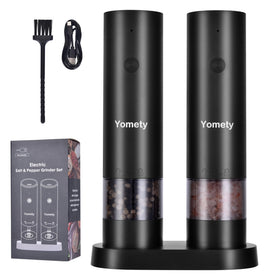 Yomety electric grinder set front view with glass bodies for stylish table seasoning