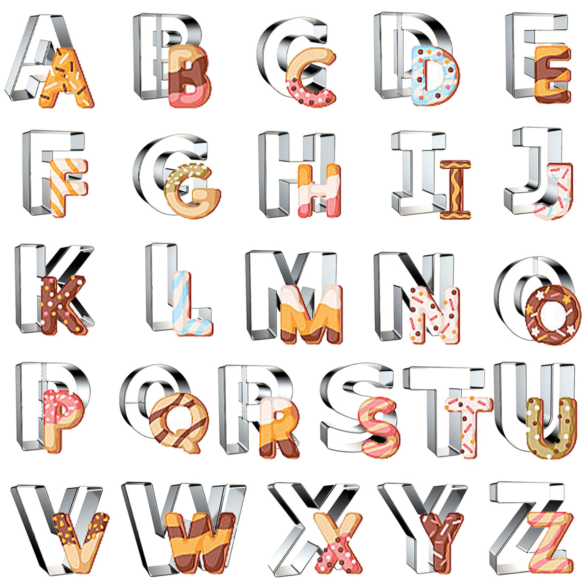 Yomfut alphabet cutters 26 letters shown in a wide shot for personalized cookies.