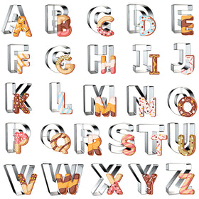 Yomfut alphabet cutters 26 letters shown in a wide shot for personalized cookies.
