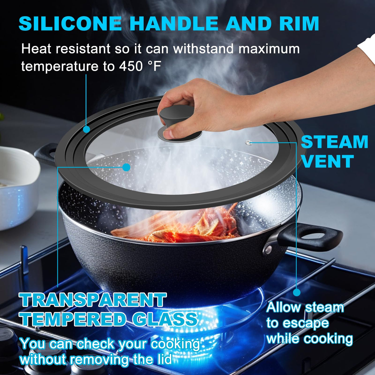 YOMUME lid includes a steam vent to regulate heat during cooking