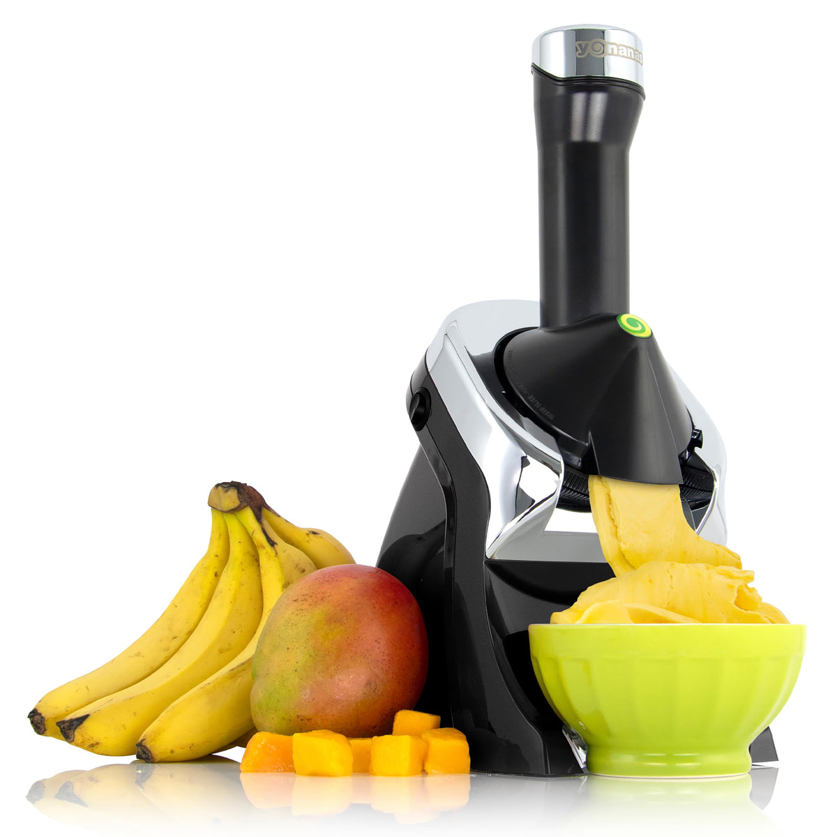 Yonanas 988BK Deluxe chute and plunger enabling smooth frozen fruit treats at home.