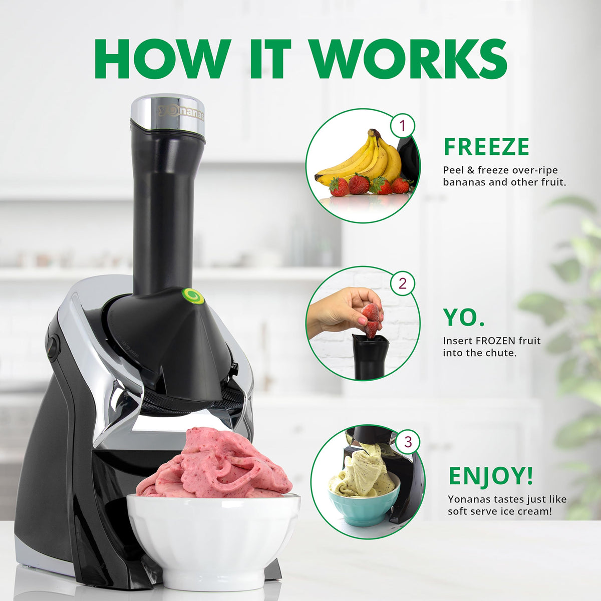 Yonanas dishwasher-safe chute, plunger, and blade simplify cleanup after desserts.