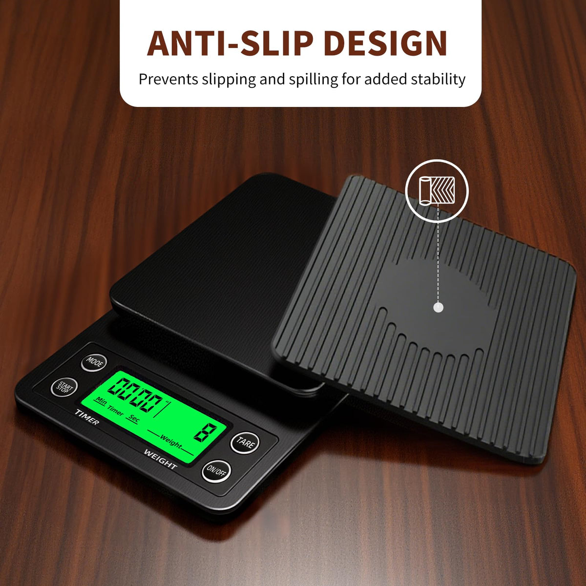 Yoncon Coffee Scale anti-slip base keeps it steady during brewing