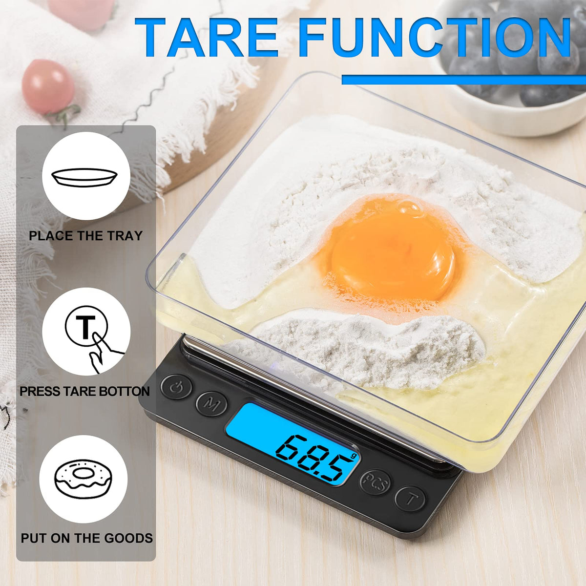 Yoncon tare function allows weighing ingredients with containers without extra steps.