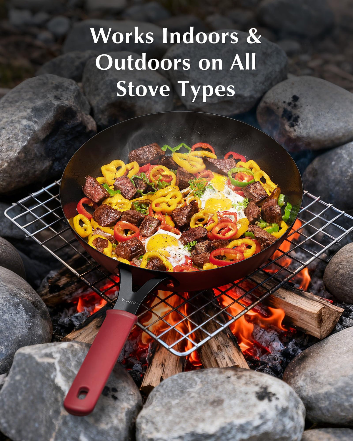 Yonida carbon steel pan highlights even heating across the surface for consistent results.