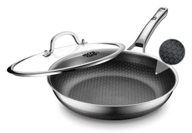 Yonida 12-inch lid nonstick frying pan offers smooth release and even heating.