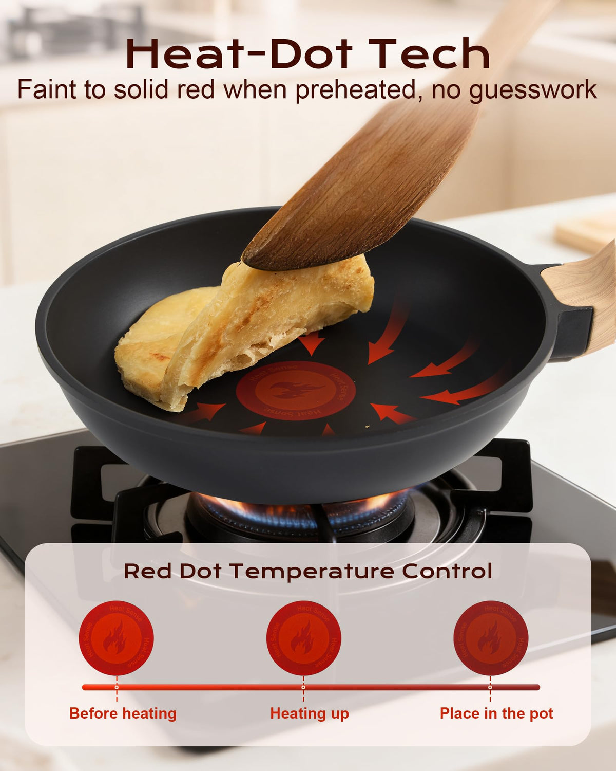 Yonida omelette pan showing cool, ergonomic handle for safe flipping