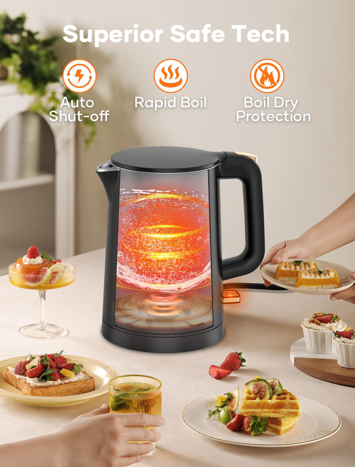 Yoochu cool-touch insulated kettle prevents burns during busy mornings.
