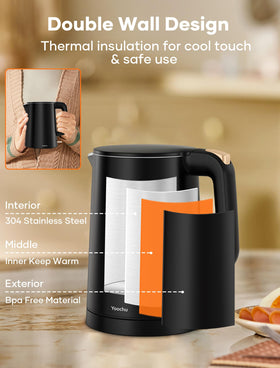 Yoochu double-wall stainless steel kettle keeps water pure and exterior cool.