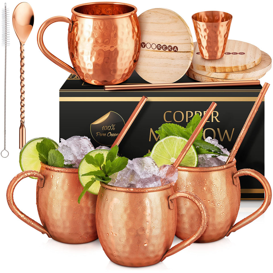 Yooreka Moscow Mule mug set of 4 with 16 oz capacity keeps drinks cold and inviting.