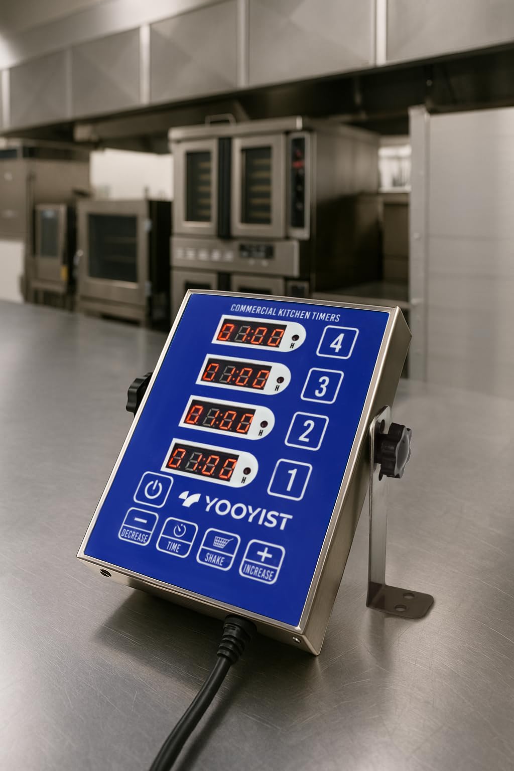 Close-up of Yooyist timer in durable stainless steel finish.