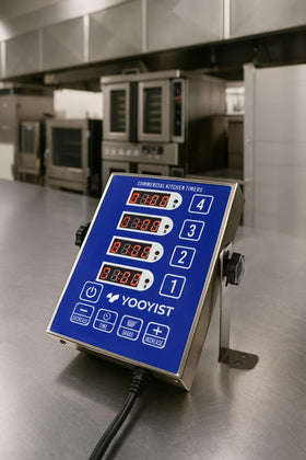 Close-up of Yooyist timer in durable stainless steel finish.