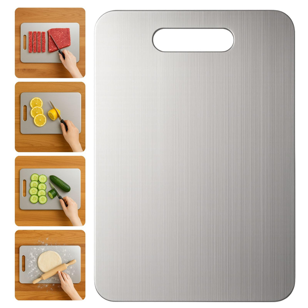 YoYoulee titanium cutting board front view showing double-sided surface for dual tasks.