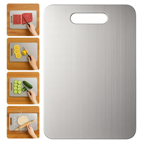 YoYoulee titanium cutting board front view showing double-sided surface for dual tasks.