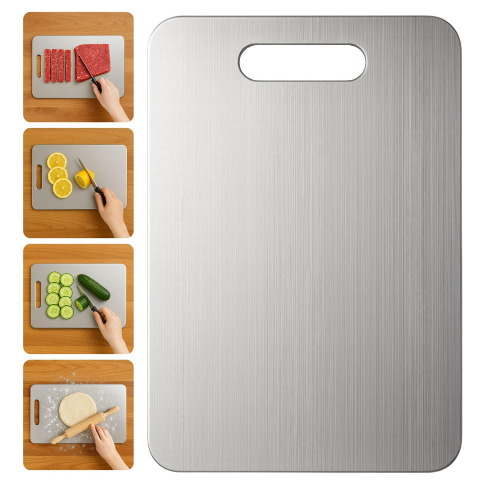 YoYoulee titanium cutting board front view showing double-sided surface for dual tasks.