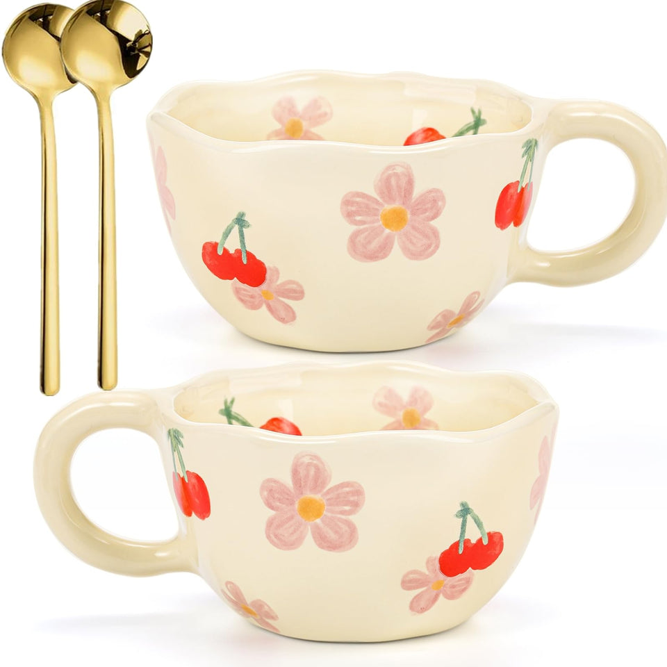 Yopay 2pack ceramic mugs with spoons featuring cherry flower design for gifting
