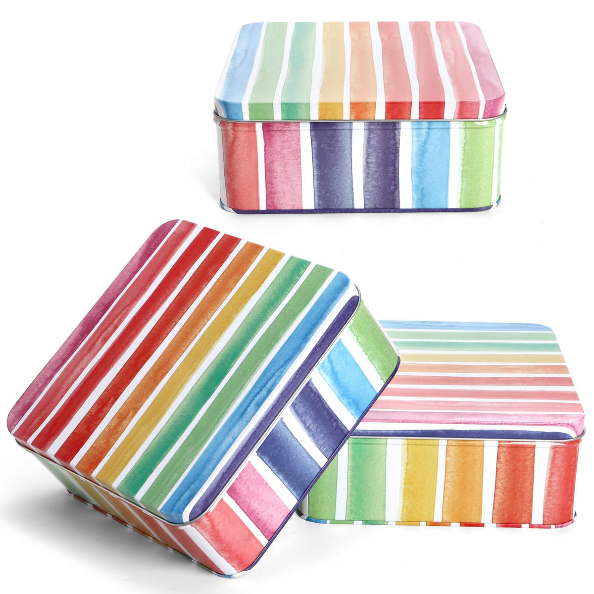 Yopay rainbow 3-pack metal cookie tins for gifts and pantry storage.