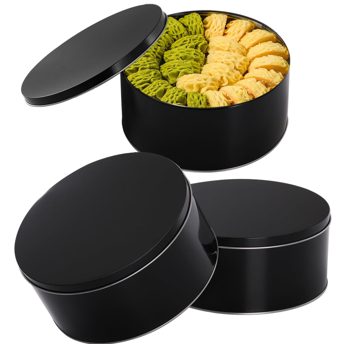 Yopay 3-pack round cookie tins with black lids, ideal for gifting and airtight storage.
