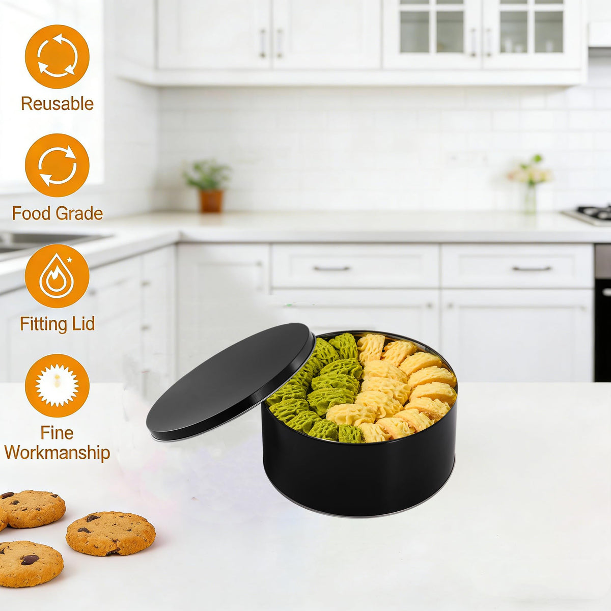 Yopay cookie tin easy open close seal, keeps cookies fresh between gatherings.