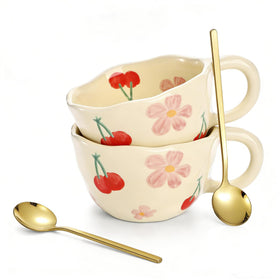 Yopay cherry flower-painted mug perfect for tea, latte, or cocoa