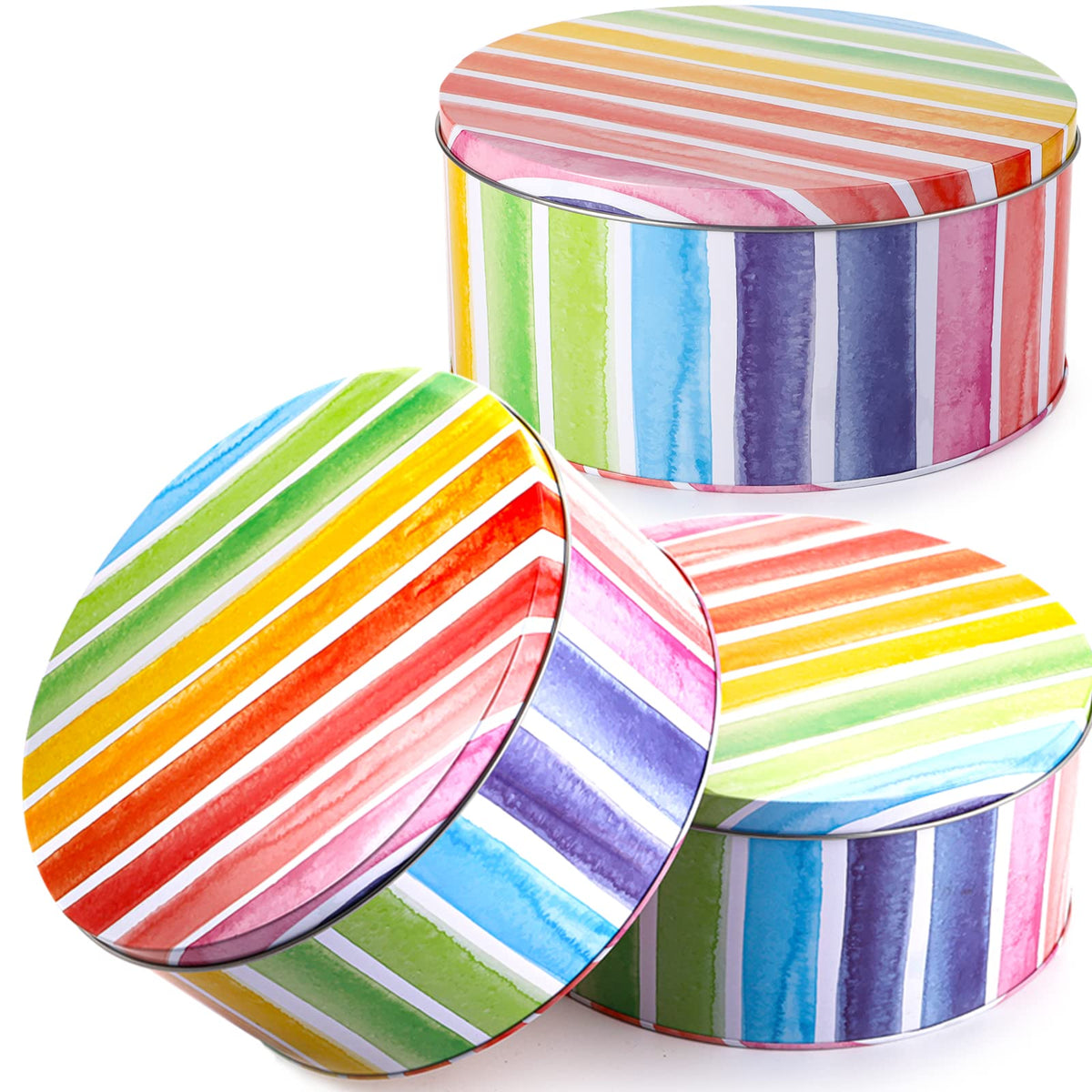 Yopay rainbow round cookie tins in 7-inch diameter, ideal for gifting cookies.