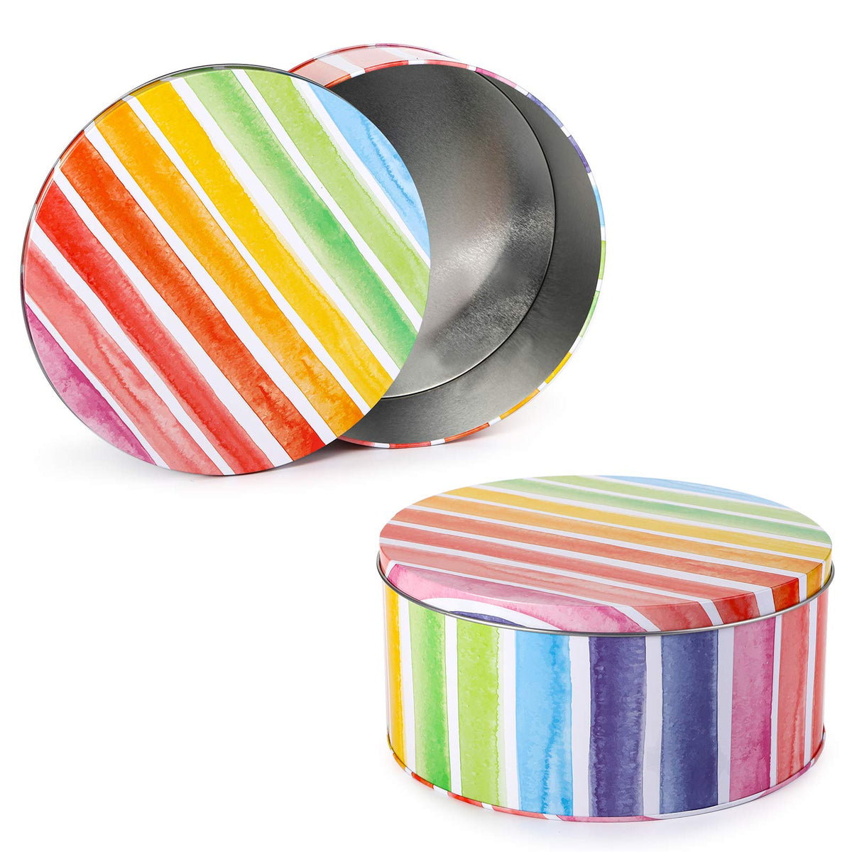 Yopay rainbow-striped-design cookie tins add colorful kitchen storage and gifting appeal.