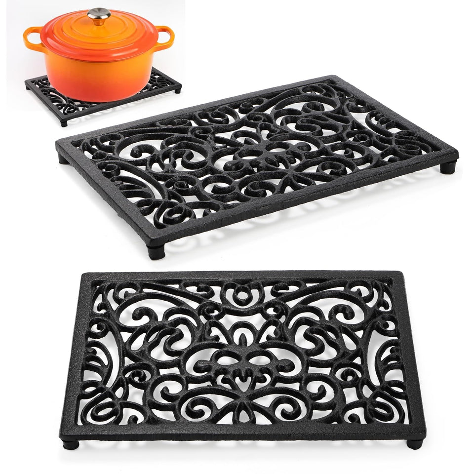Yopay rectangle cast iron trivet protects tabletops from hot pots.