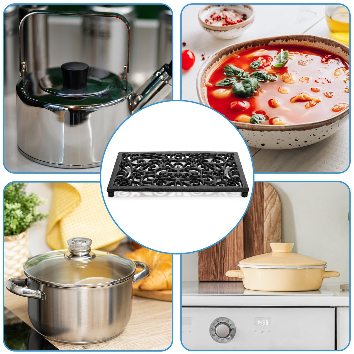 Yopay thick rounded-edge trivet protects surfaces without scratches.