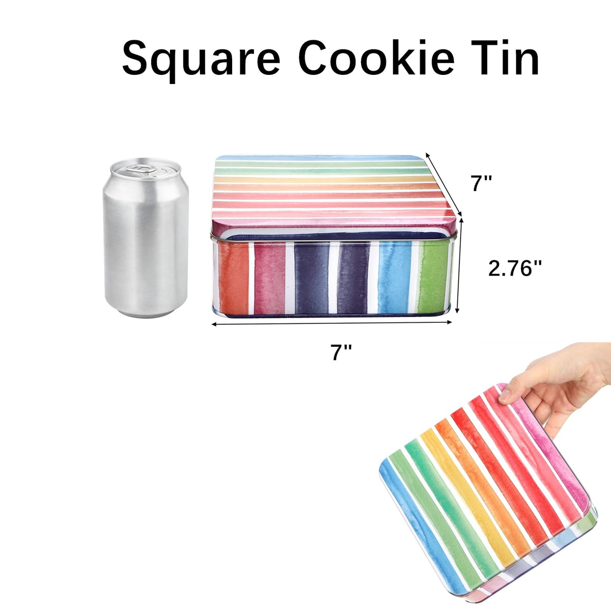 Yopay square cookie tin with rainbow lid, ideal for gifting.