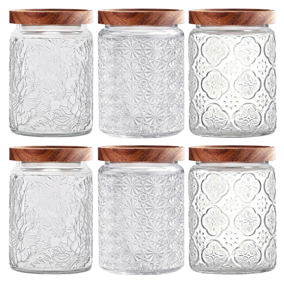 Yoqelt vintage glass jar with daisy lid shows clear contents for quick pantry checks.