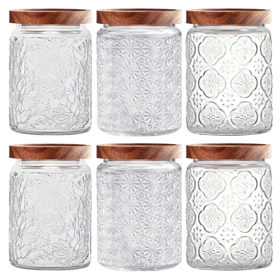 Yoqelt vintage glass jar with daisy lid shows clear contents for quick pantry checks.
