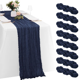 Yorcari eight-pack navy blue cheesecloth runners for versatile table decor.