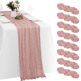 Yorcari 8-pack dusty pink cheesecloth table runner on 20x120 inches, ideal for elegant weddings.