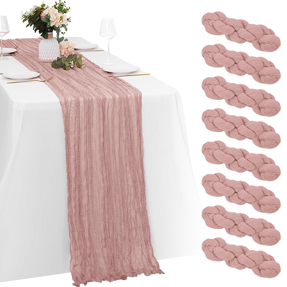 Yorcari 8-pack dusty pink cheesecloth table runner on 20x120 inches, ideal for elegant weddings.